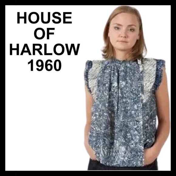 NWT HOUSE OF HARLOW 1960 Boho ruffled loose fit blouse - Picture 1 of 9